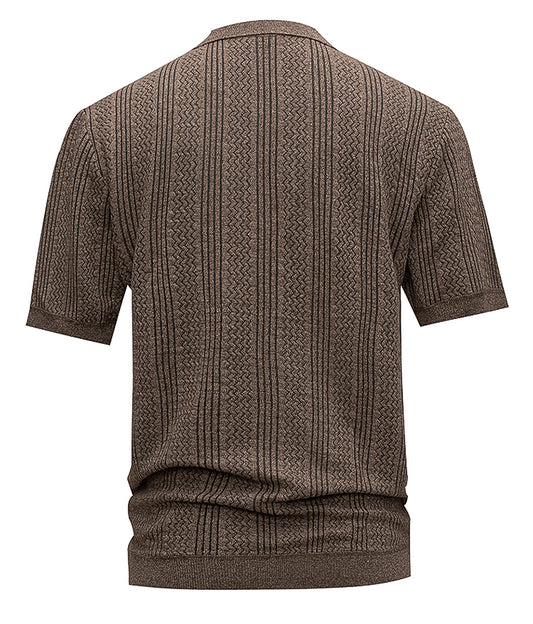 Men's Brown Textured Knit Polo Shirt, Short Sleeve Vertical Jacquard Stripes, Smart Casual