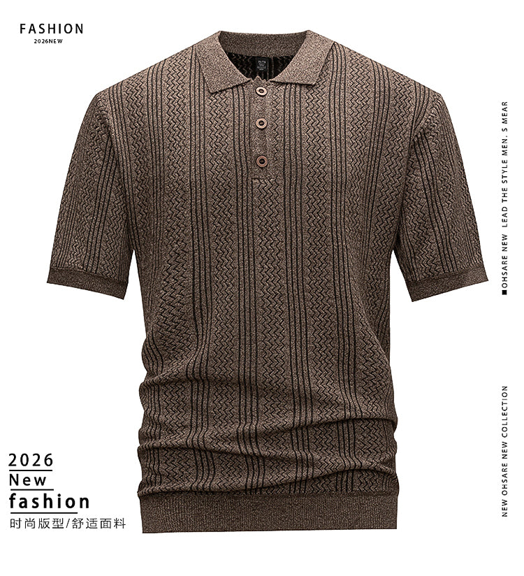Men's Brown Textured Knit Polo Shirt, Short Sleeve Vertical Jacquard Stripes, Smart Casual