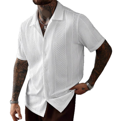 Men's Solid-Colored Knitted Hollow-Out French-Style Lapel Shirt