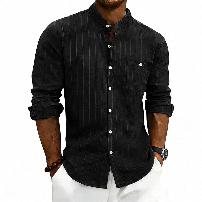 Linen Jacquard Striped Loose-fit Casual Stand-collar Long-sleeve Shirt