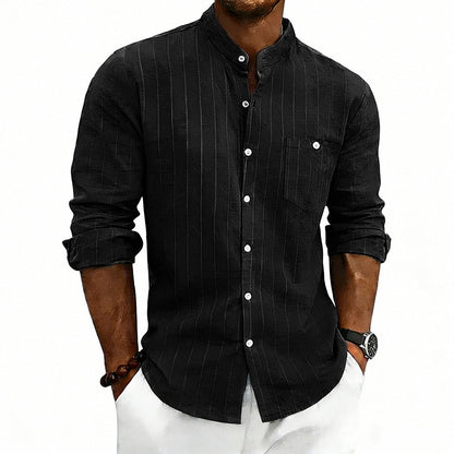 Linen Jacquard Striped Loose-fit Casual Stand-collar Long-sleeve Shirt