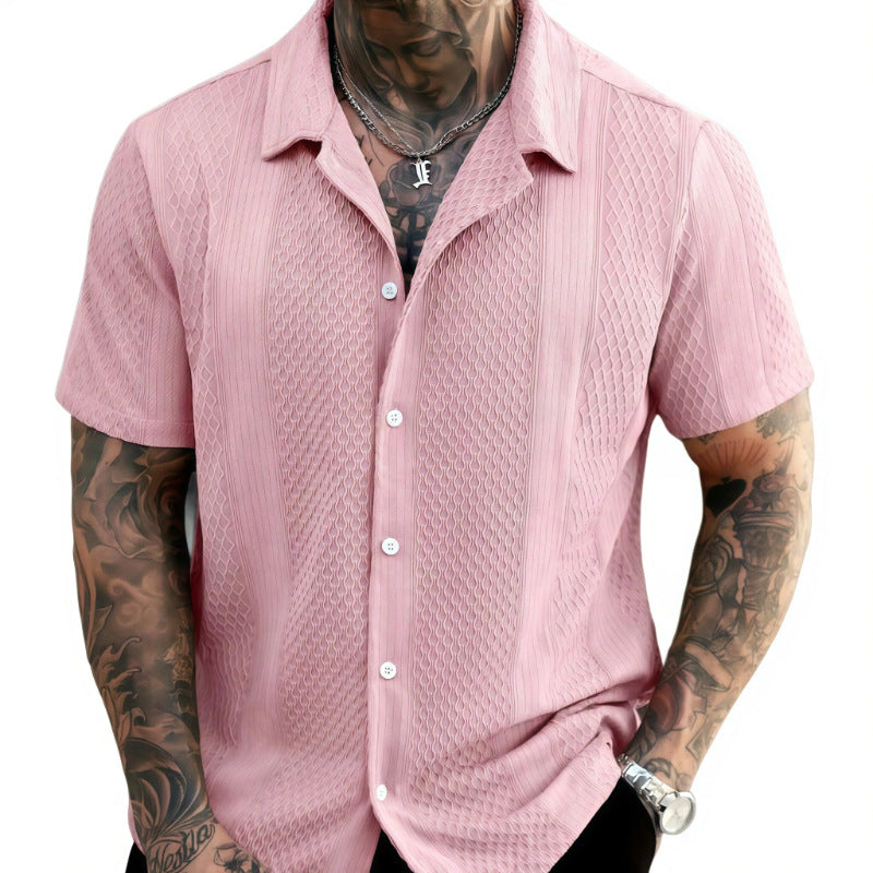 Men's Solid-Colored Knitted Hollow-Out French-Style Lapel Shirt