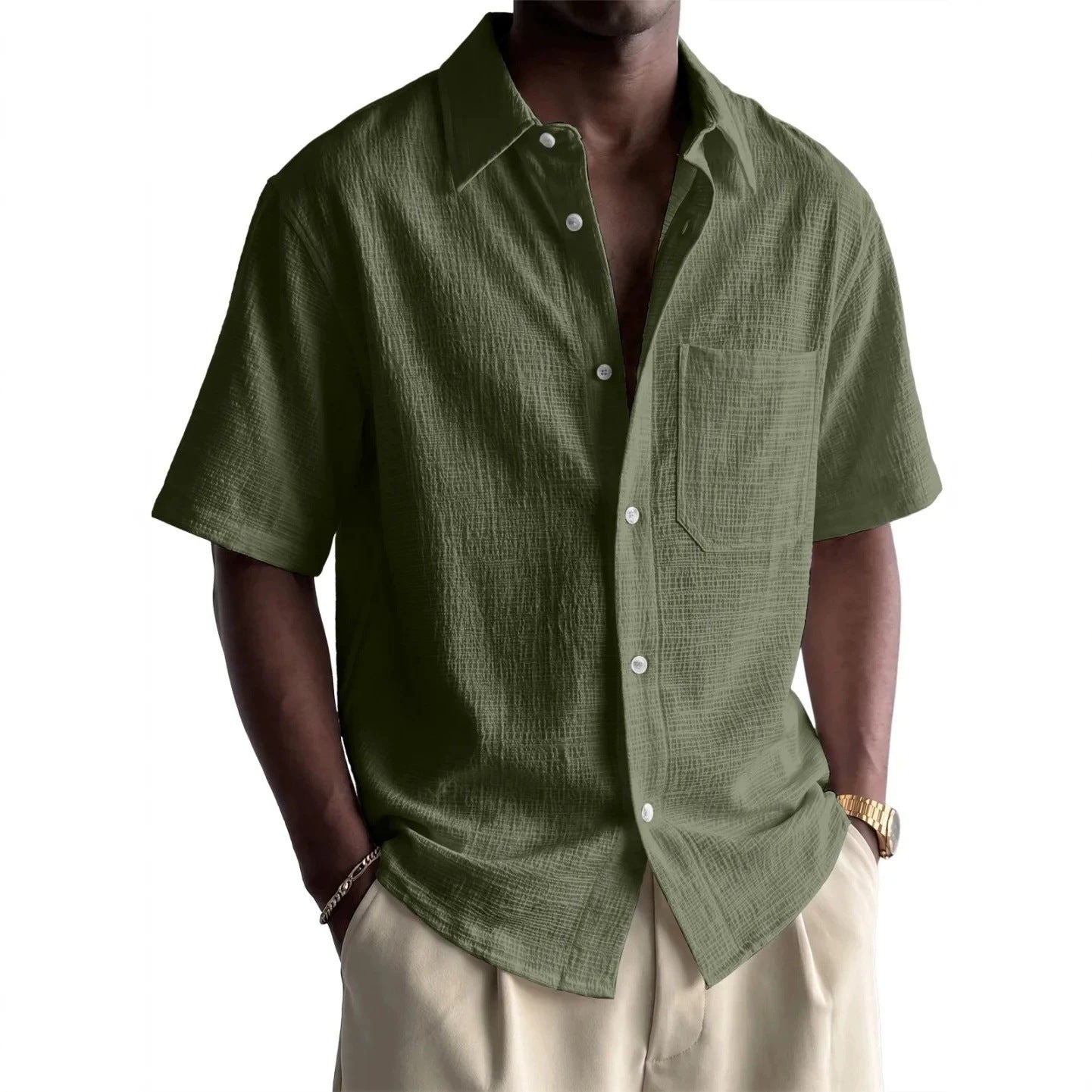 Men's Cotton-Linen Pocket Loose Short-Sleeve Shirt