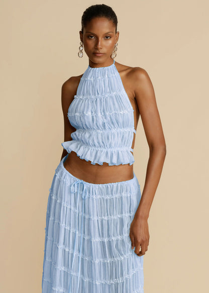 2pcs Women's Dress Suit Sexy Sleeveless Backless Cropped Halter Top And Pleated Long Skirt Beach Clothing