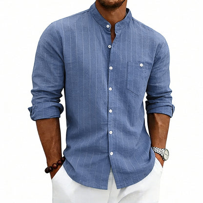 Linen Jacquard Striped Loose-fit Casual Stand-collar Long-sleeve Shirt
