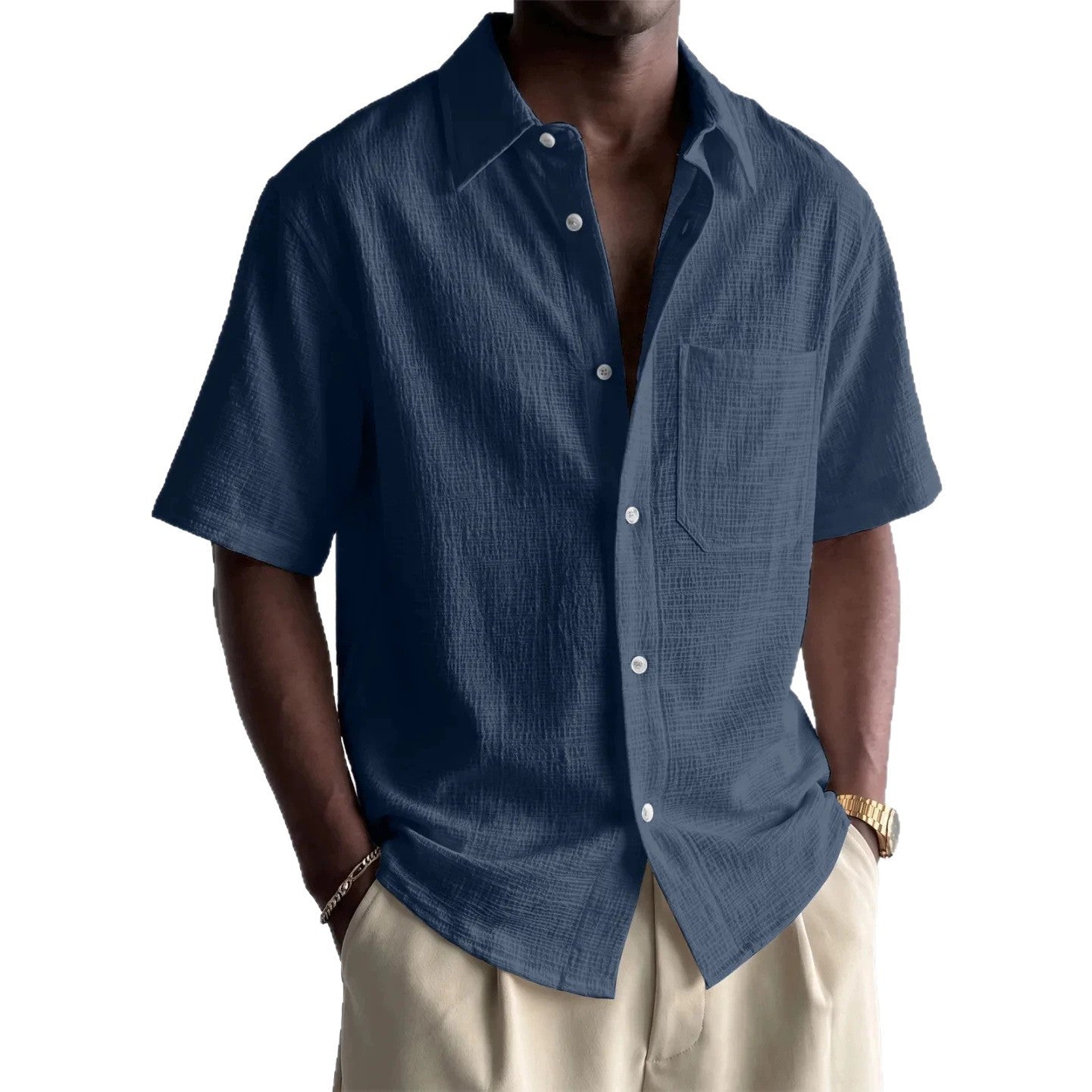 Men's Cotton-Linen Pocket Loose Short-Sleeve Shirt