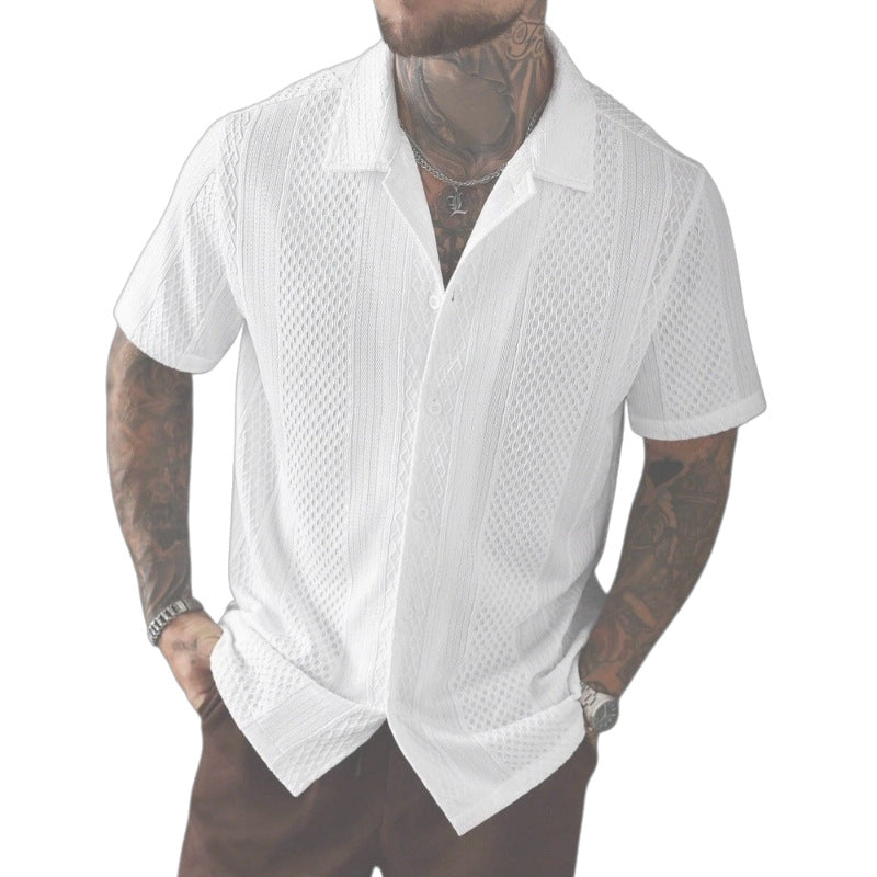 Men's Solid-Colored Knitted Hollow-Out French-Style Lapel Shirt