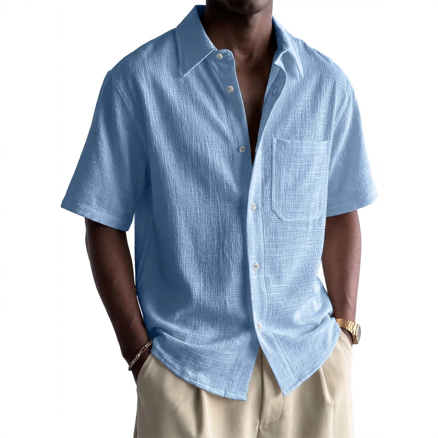 Men's Cotton-Linen Pocket Loose Short-Sleeve Shirt