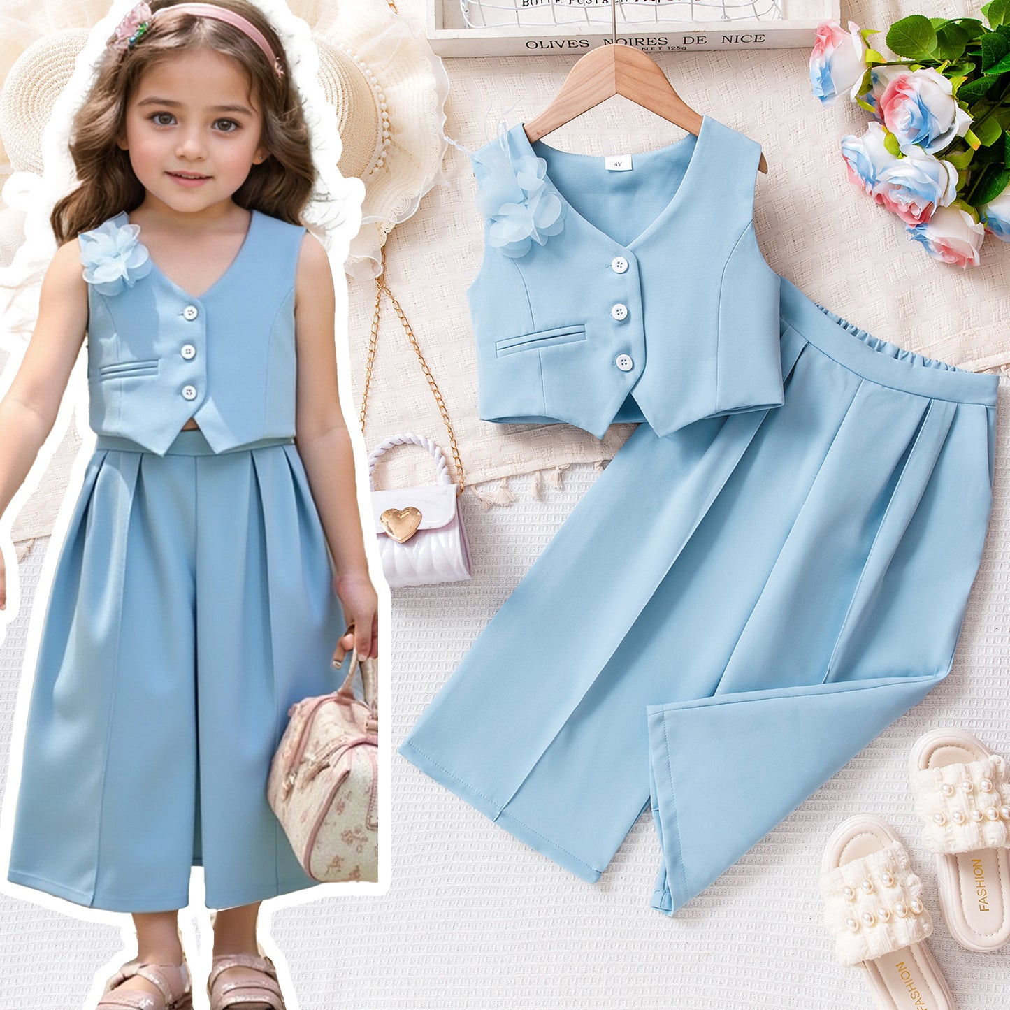 Sleeveless Vest Top Long Pants Suit For Toddlers And Young Children