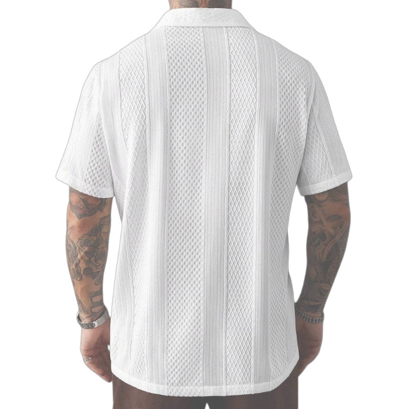 Men's Solid-Colored Knitted Hollow-Out French-Style Lapel Shirt