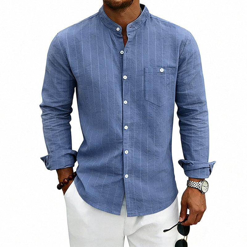 Linen Jacquard Striped Loose-fit Casual Stand-collar Long-sleeve Shirt
