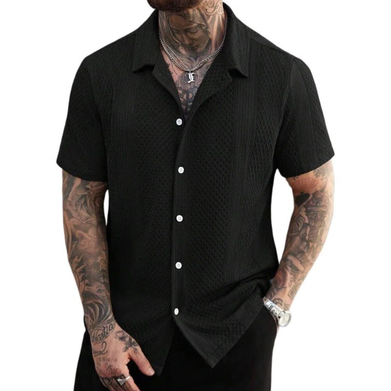 Men's Solid-Colored Knitted Hollow-Out French-Style Lapel Shirt