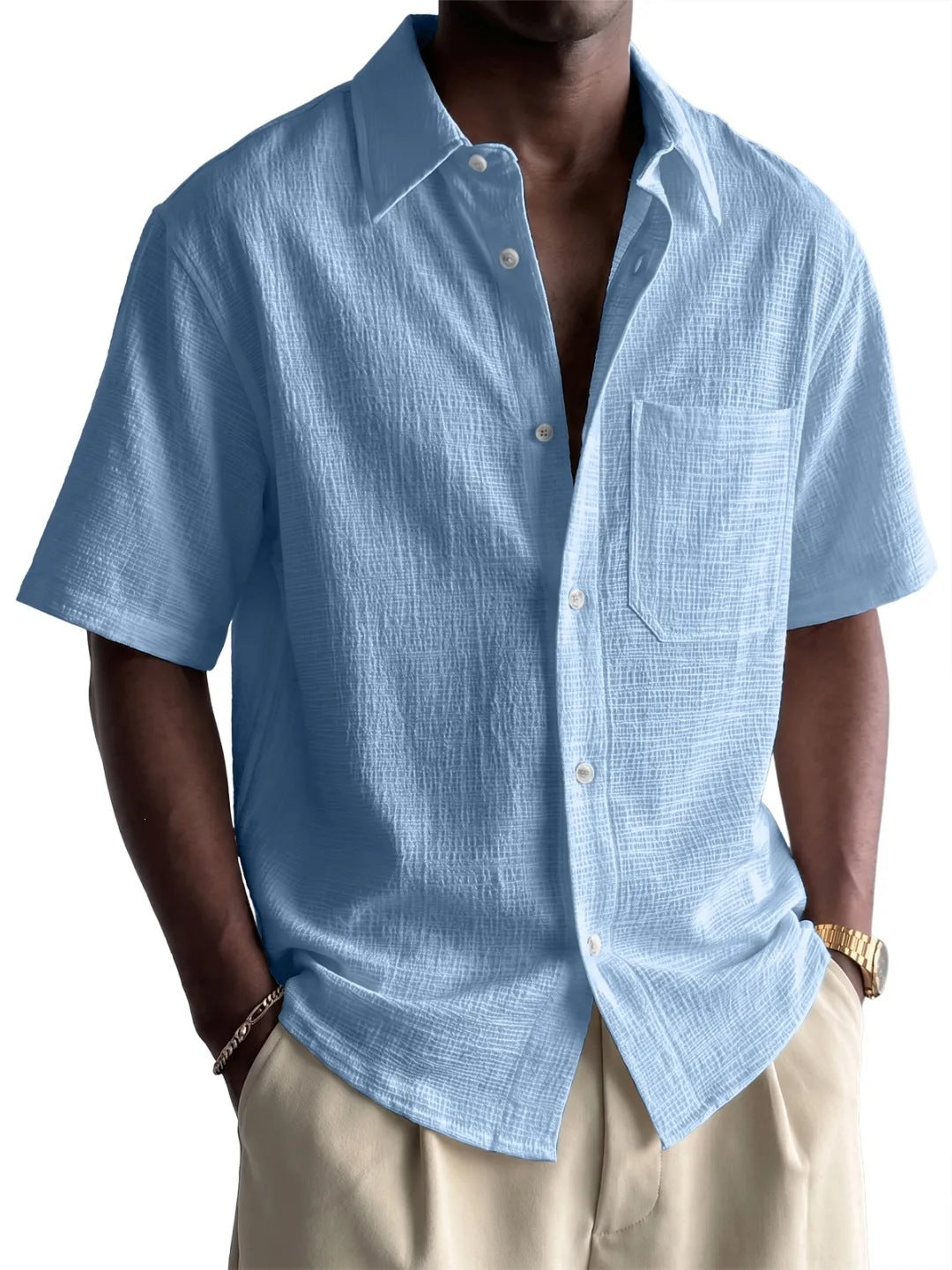Men's Cotton-Linen Pocket Loose Short-Sleeve Shirt