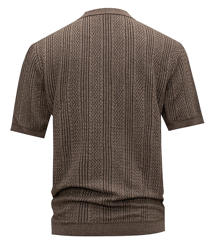 Men's Brown Textured Knit Polo Shirt, Short Sleeve Vertical Jacquard Stripes, Smart Casual