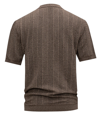 Men's Brown Textured Knit Polo Shirt, Short Sleeve Vertical Jacquard Stripes, Smart Casual