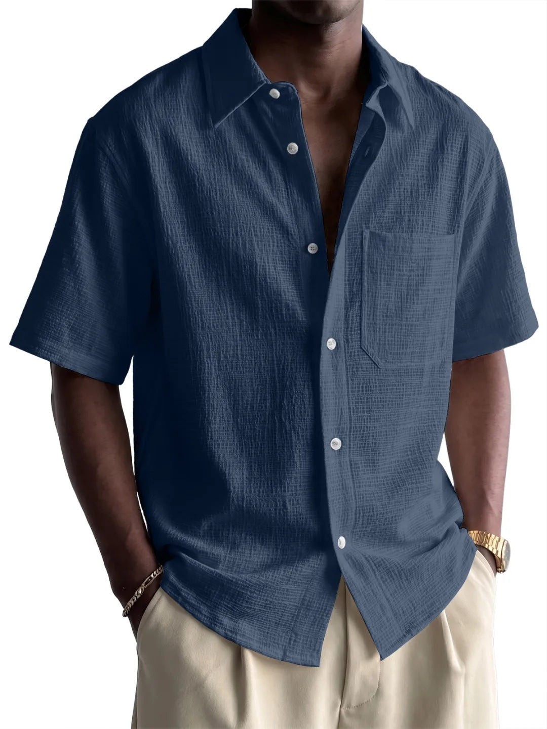 Men's Cotton-Linen Pocket Loose Short-Sleeve Shirt