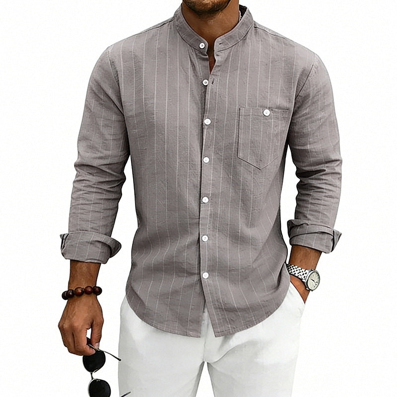 Linen Jacquard Striped Loose-fit Casual Stand-collar Long-sleeve Shirt