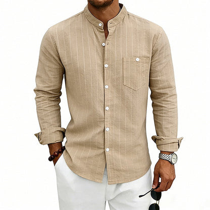 Linen Jacquard Striped Loose-fit Casual Stand-collar Long-sleeve Shirt