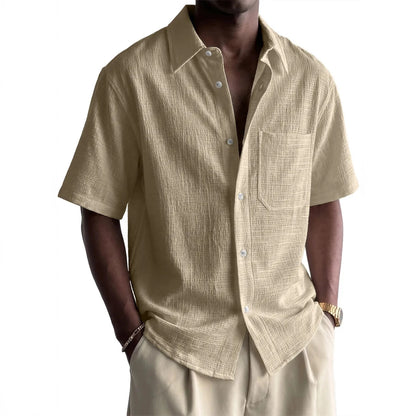 Men's Cotton-Linen Pocket Loose Short-Sleeve Shirt