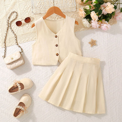 Girls Set V-Neck Vest And Pleated Skirt Two-Piece Suit