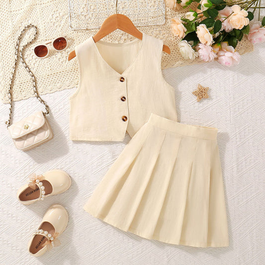 Girls Set V-Neck Vest And Pleated Skirt Two-Piece Suit