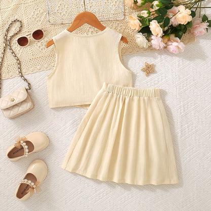 Girls Set V-Neck Vest And Pleated Skirt Two-Piece Suit