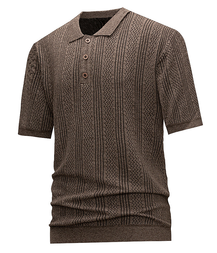 Men's Brown Textured Knit Polo Shirt, Short Sleeve Vertical Jacquard Stripes, Smart Casual