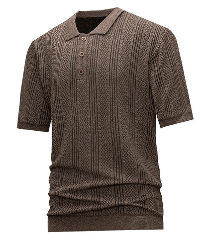 Men's Brown Textured Knit Polo Shirt, Short Sleeve Vertical Jacquard Stripes, Smart Casual