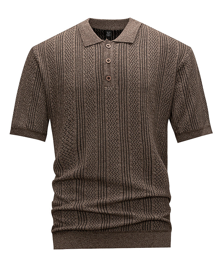 Men's Brown Textured Knit Polo Shirt, Short Sleeve Vertical Jacquard Stripes, Smart Casual