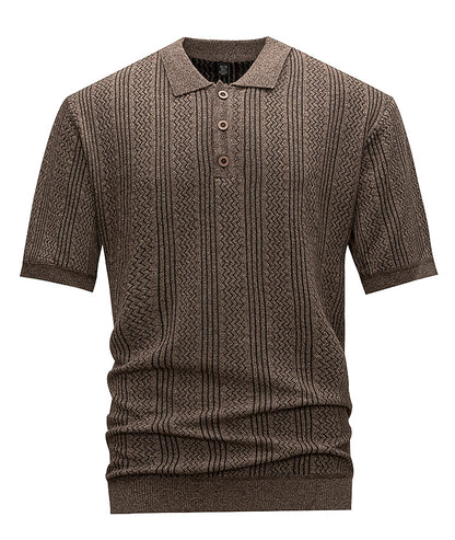 Men's Brown Textured Knit Polo Shirt, Short Sleeve Vertical Jacquard Stripes, Smart Casual