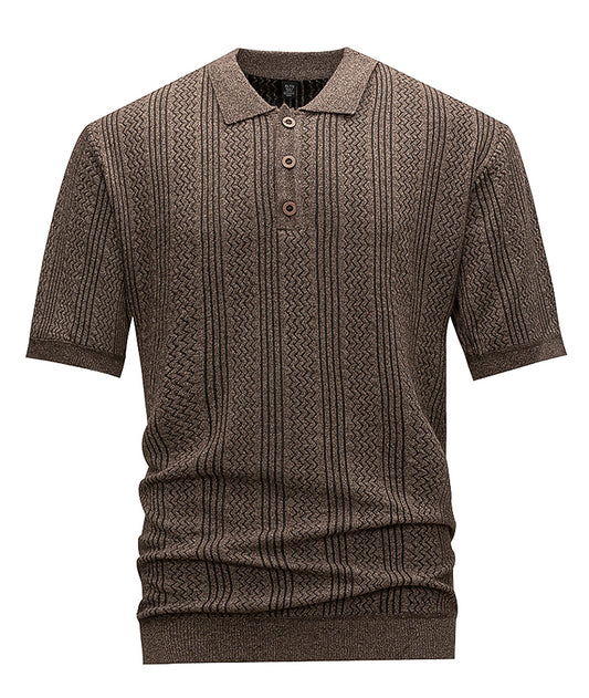 Men's Brown Textured Knit Polo Shirt, Short Sleeve Vertical Jacquard Stripes, Smart Casual