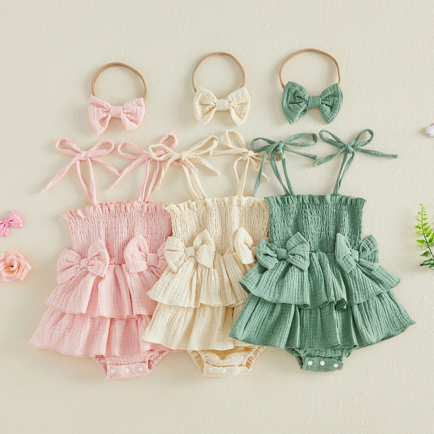 Bow-knot Strap Triangle Romper Bow-knot Headscarf Two-piece Set