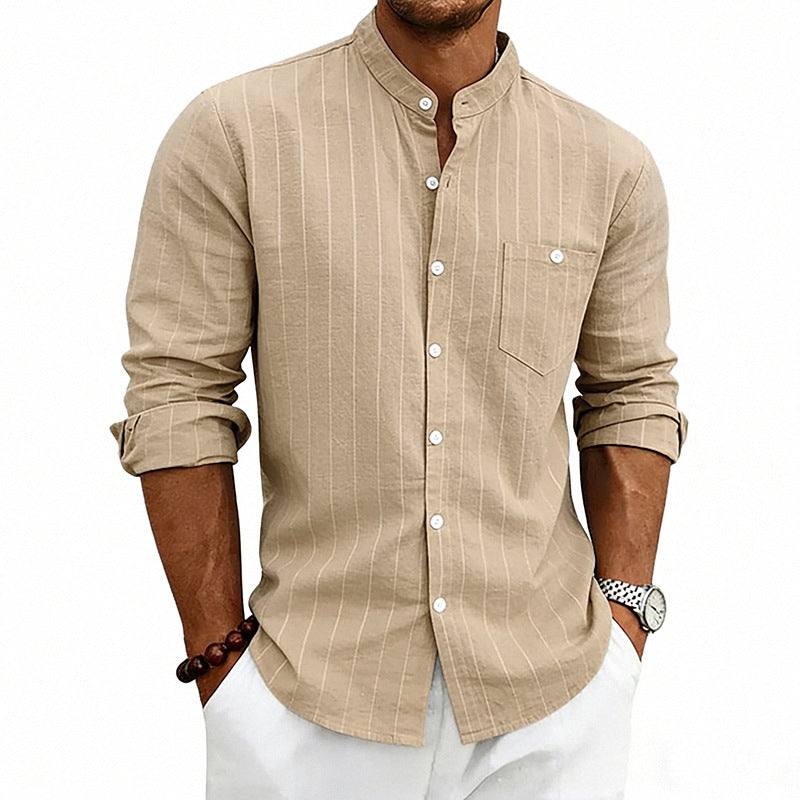 Linen Jacquard Striped Loose-fit Casual Stand-collar Long-sleeve Shirt