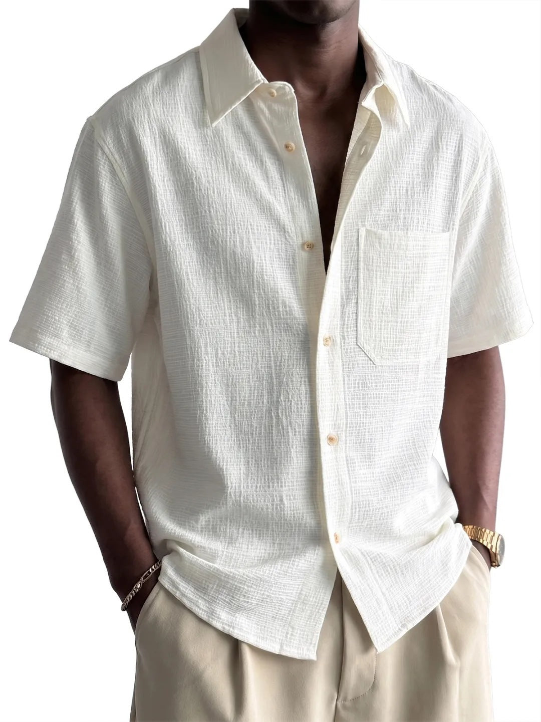 Men's Cotton-Linen Pocket Loose Short-Sleeve Shirt