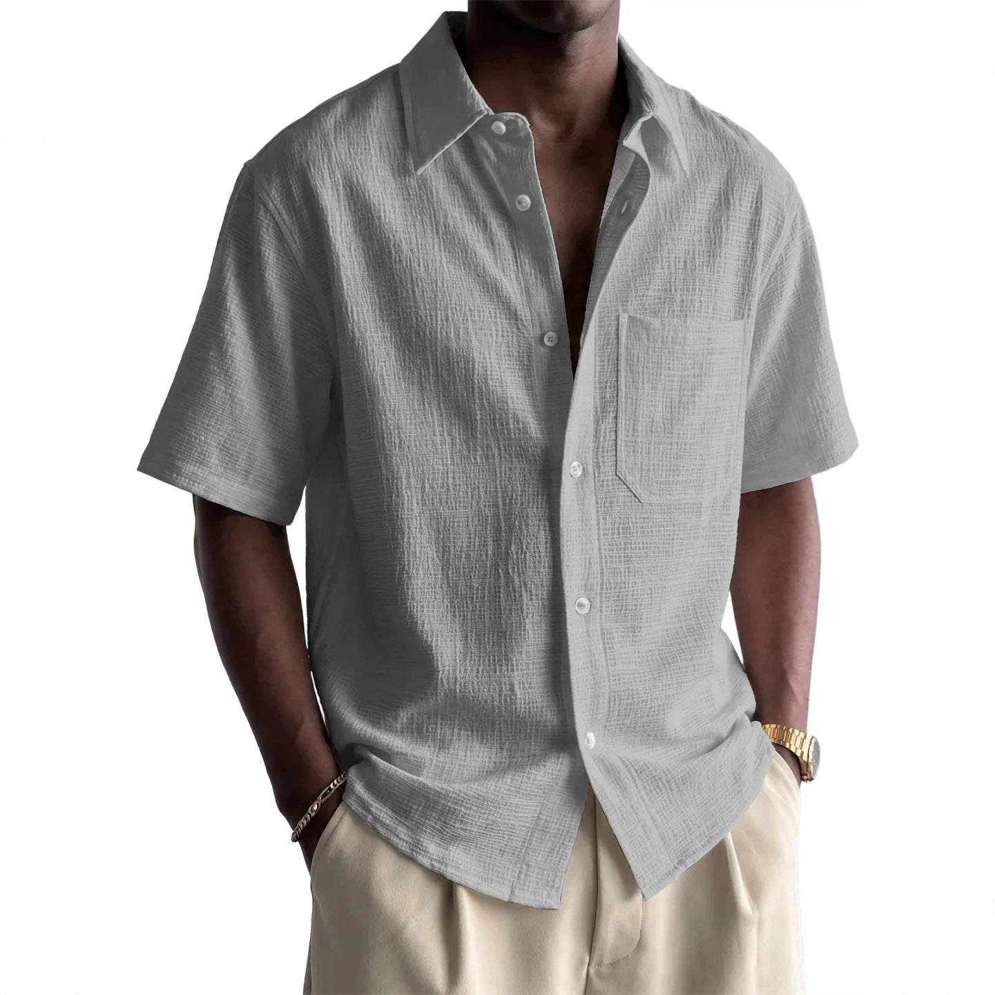 Men's Cotton-Linen Pocket Loose Short-Sleeve Shirt