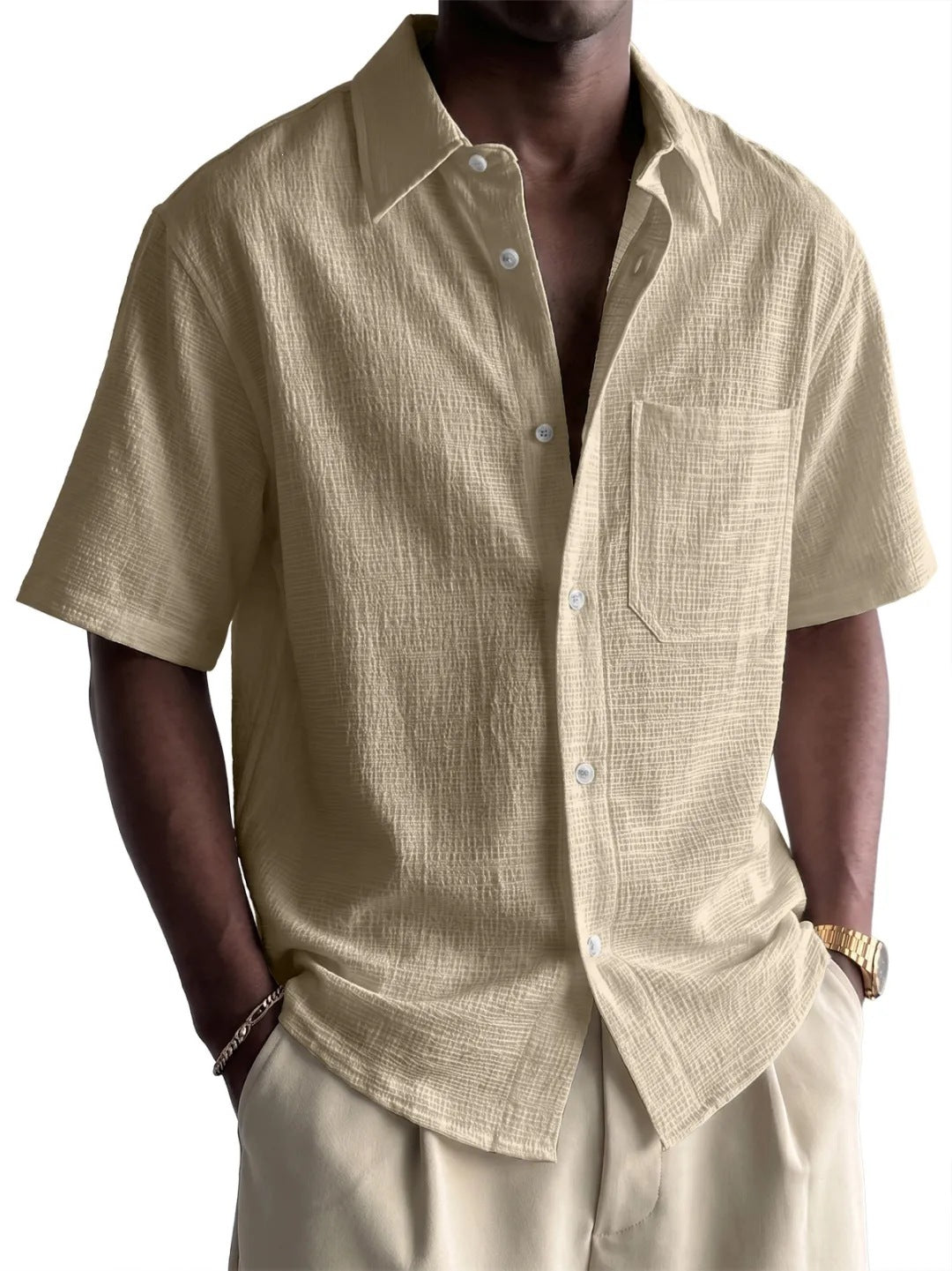Men's Cotton-Linen Pocket Loose Short-Sleeve Shirt