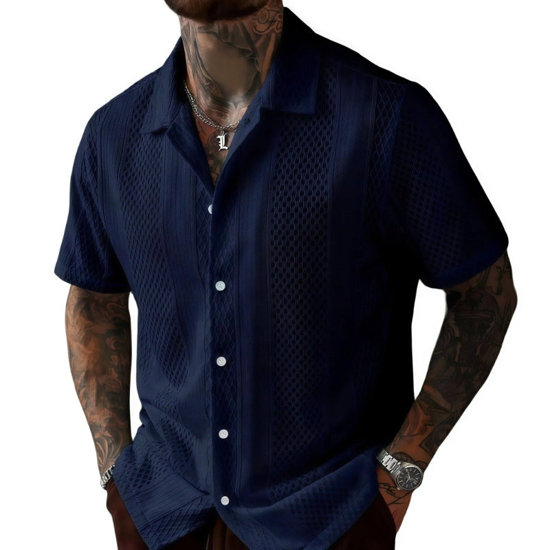 Men's Solid-Colored Knitted Hollow-Out French-Style Lapel Shirt