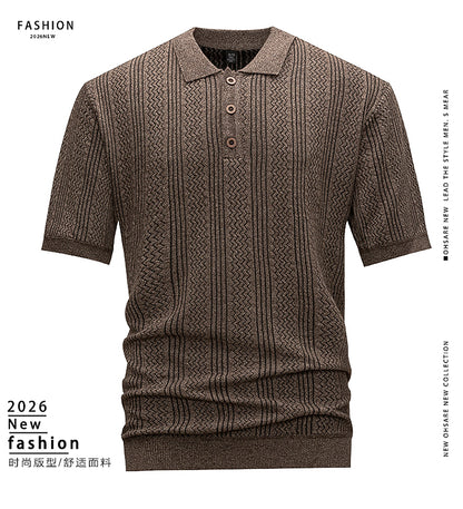 Men's Brown Textured Knit Polo Shirt, Short Sleeve Vertical Jacquard Stripes, Smart Casual