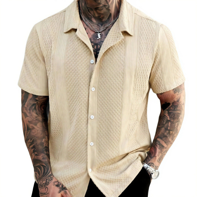 Men's Solid-Colored Knitted Hollow-Out French-Style Lapel Shirt