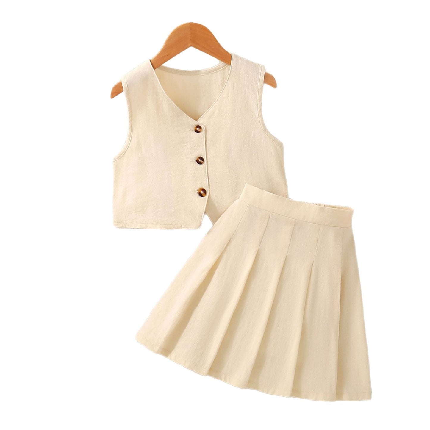 Girls Set V-Neck Vest And Pleated Skirt Two-Piece Suit