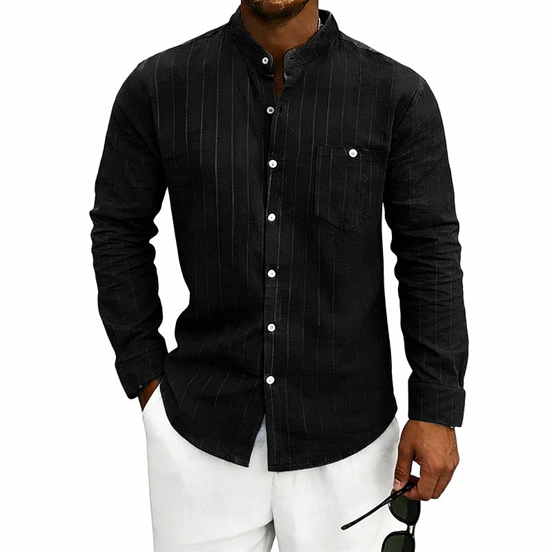 Linen Jacquard Striped Loose-fit Casual Stand-collar Long-sleeve Shirt