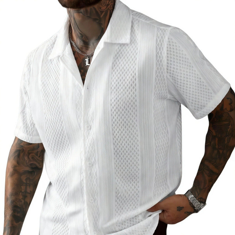 Men's Solid-Colored Knitted Hollow-Out French-Style Lapel Shirt